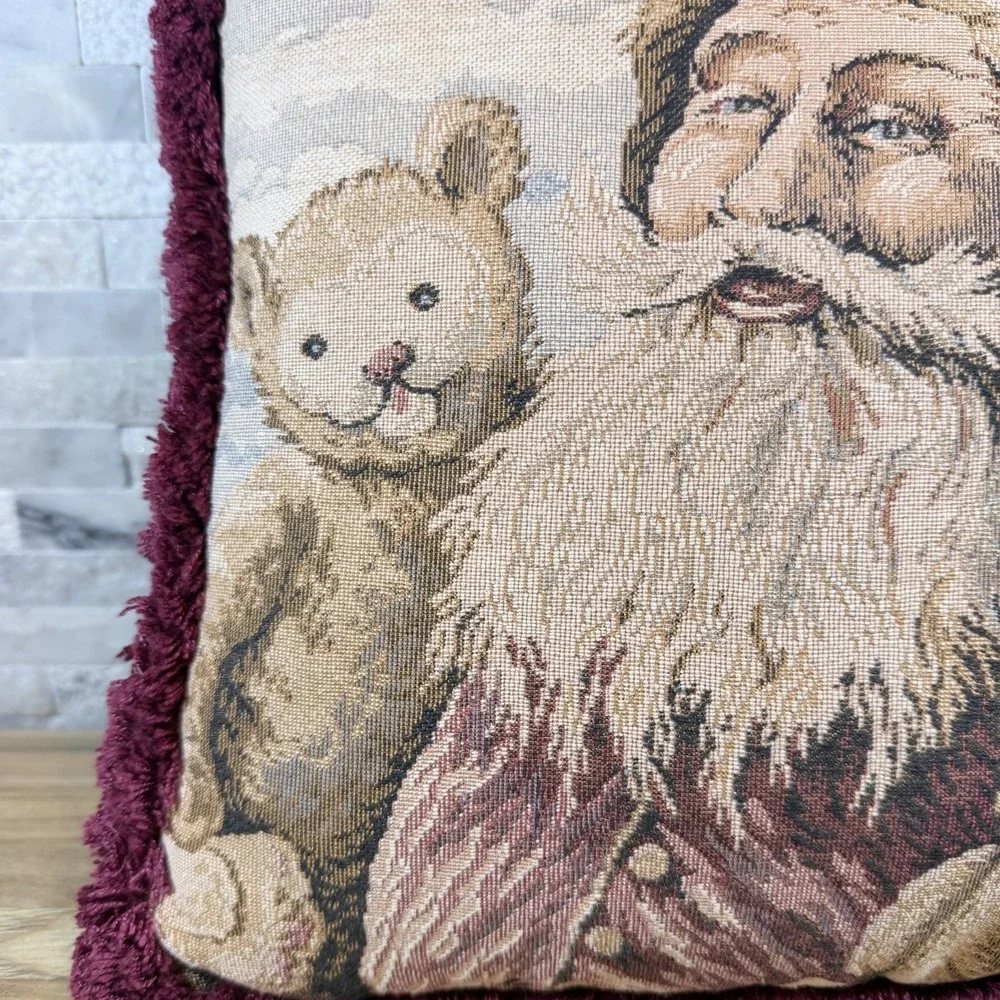 Vintage‎ Santa Claus Tapestry Throw Pillow Burgundy Fringe Velvet Back 11x11